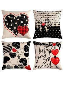 4入組情人節心形黑白簡約圖案方形裝飾枕套（不含枕芯），適用於家居沙發裝飾 - 彩色 - 查看 2