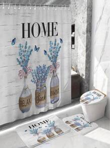 4pcs/Set Flower Vase Pattern Printed Shower Curtain And Bathroom Mat Set With 12 Hooks, Anti-Slip Toilet Seat Cover, Waterproof Window Curtain, Home Decor Bathroom Accessories - Multicolor - View 1