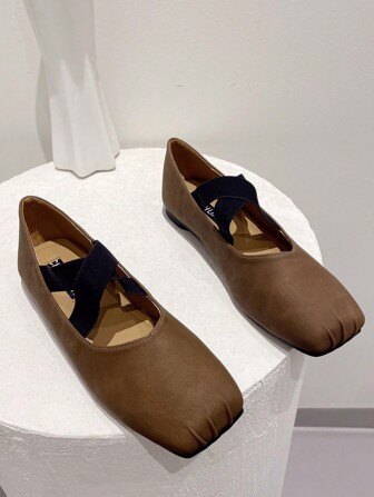 Women's Square Toe Low-Cut Ballet Flats, French Vintage, Gentle & Elegant, Cross-Strap Design, Plus Size (41-43)