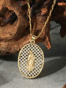 1入組男士橢圓形聖母項鍊,鑲滿鑽石 - 金黃色 - 查看 1