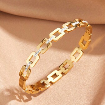Stainless Steel & Titanium Geometric Shape Rectangle Bracelet With Rhinestones, Gold Color, Fashionable And Versatile