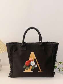 新品流蘇大容量個性化字母設計肩袋,時尚多用途斜背包、手提包,適用於學生、購物等 - 黑色 - 查看 5