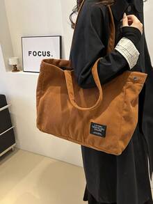 1入磁扣密封新綿帆布大容量手提包，適用於購物、上學、手提、肩背包，復古懶散風，適合女士、日常、學生、校園使用 - 棕色 - 查看 3
