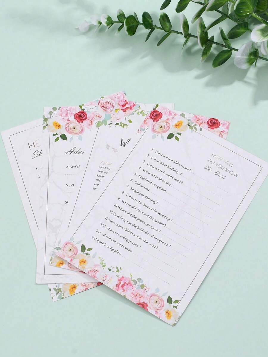 4pcs Floral Pattern Wedding Trivia Game Cards For Wedding Party, Bachelorette Party - Multicolor - View 1