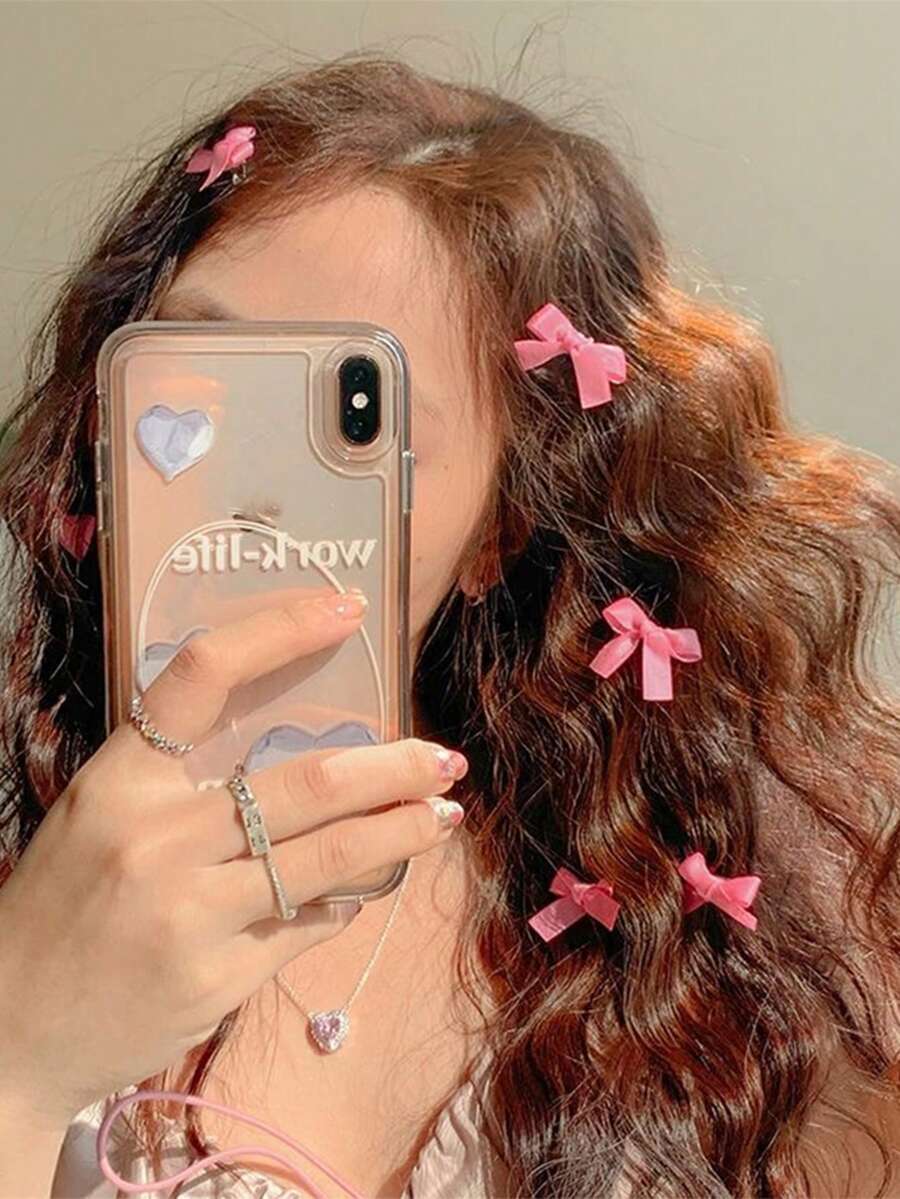 6入組迷你結緞蝴蝶結髮夾,前額髮夾,甜美可愛髮飾,適用於編髮 - 6件粉紅色 - 查看 1