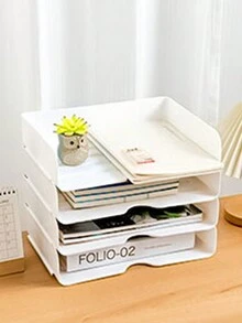 4pcs/Set Stackable Desktop Multi-Layer A4 Paper Storage Box With Flexible Drawer Design, Office Organizer, Magazine Holder - White - View 5