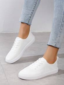 新款女式白色英倫風綁帶帆布運動鞋，圓頭低幫厚底防滑鞋，時尚透氣防滑厚底鞋，學生鞋，休閒鞋 - 白色 - 查看 2