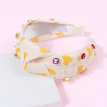1pc Valentine's Day Heart Shaped Hairband With Wide Knot, Rhinestone & Pearl Decor, Soft Fabric, Fashionable Sweet Girl Headband For Festivals, Parties, And Daily Wear - Yellow - View 2