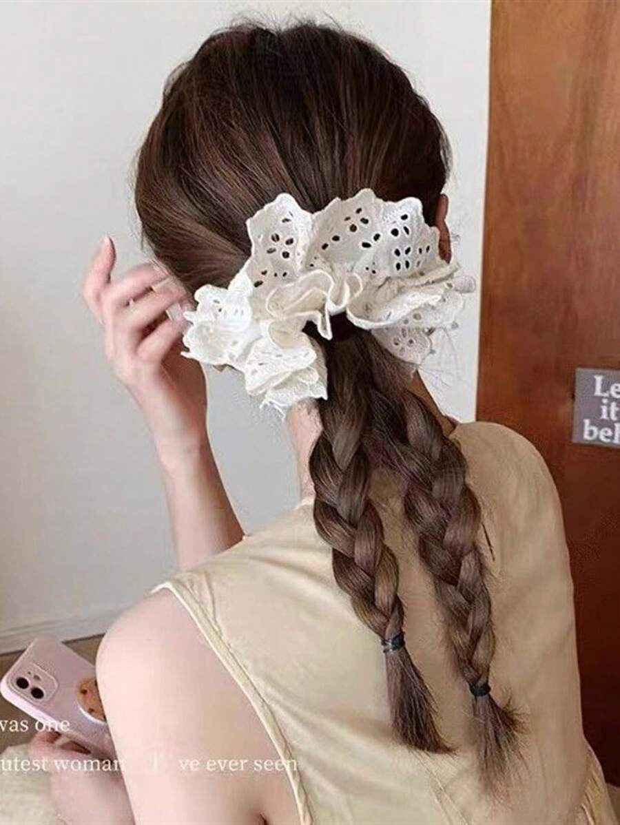 1pc New Arrival Sweet Heart Shape Lace Mesh Hair Scrunchie For Teen Girls - Beige - View 1