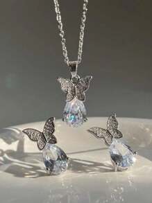3入組/套新款蝴蝶形狀鑽石與水滴形狀珠寶套裝,創意設計蝴蝶吊墜項鍊和耳環套裝,適用於女性 - 鑲鑽蝴蝶水滴首飾套裝 - 查看 9