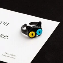 1pc Personalized Fashionable Cute Cartoon Cat Shaped Adjustable Open Ring For Women - Black - View 1