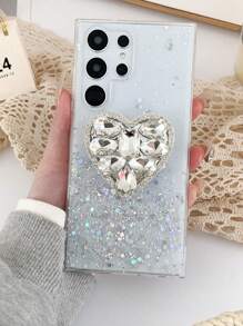 1 件玻璃心型支架和星空閃光手機殼,非常適合婚禮/情人節禮物,相容於 Apple/samsung/xiaomi/redmi/oppo/huawei - 白色 - 查看 1