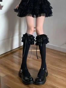 1 Pair Women Versatile Multi-Layer Lace Japanese Sweet Girl Style Mid-Calf Socks - Black - View 3