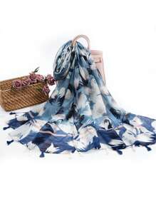 1條藍色花卉印花長巾,適合日常通勤和春/夏造型 - 藍色 - 查看 2