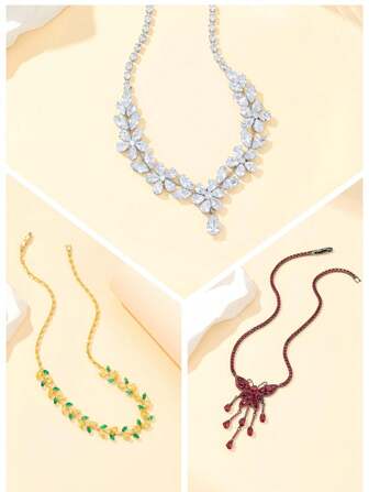 1pc Fashionable Colorful Cubic Zirconia Butterfly & Flower Decorated Necklace, Suitable For Women's Daily Wear