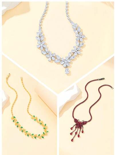 1pc Fashionable Colorful Cubic Zirconia Butterfly & Flower Decorated Necklace, Suitable For Women's Daily Wear