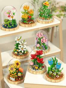 植物花卉系列 Diy 組裝積木,帶底座和塵罩,微粒,情侶送給女性的禮物,模擬花束盆栽裝飾 - 黑色 - 查看 2