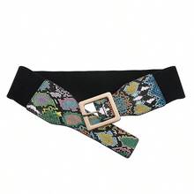 1pc Colorful Snake Print Women's Belt With Square Buckle Decoration For Coats, Dresses, Elastic Waist Belt - Black - View 7