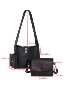 3pcs/Set Twist Lock Closure Pu Leather Solid Color Large Capacity Tote Bag, Shoulder Bag, Crossbody Bag, Wallet, Suitable For Women Daily Use And Gift Giving - Black - View 8