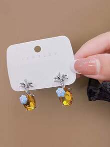 1pair Fashionable And Minimalist Yellow Crystal Pineapple & Blue Flower Stud Earrings, Exquisite And Elegant Women's Jewelry - Multicolor - View 6
