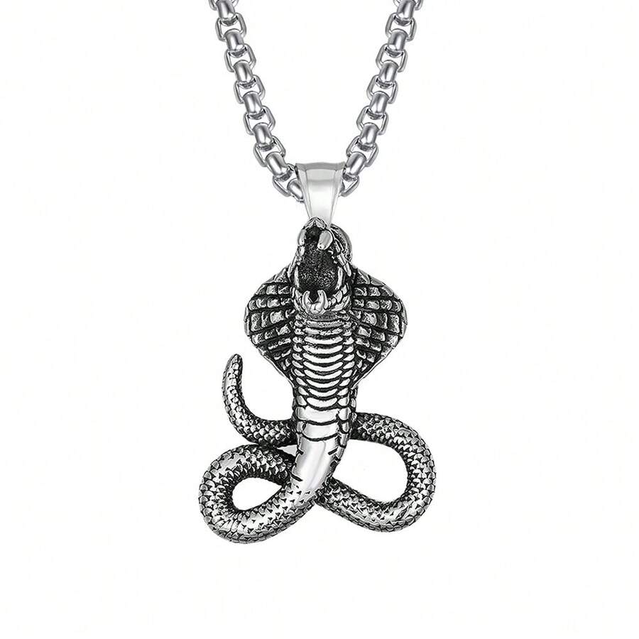 1pc Men's Zinc Alloy Snake Pendant Stainless Steel Chain Necklace, Cool Night Club Accessory - Antique Silver - View 1