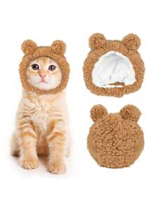 1只可愛的粉/棕色貓咪帽子,有趣的熊/寵物狗頭套裝飾配件,寵物生日派對頭戴用,暖和的泰迪熊風格可調節貓咪帽子,柔軟的寵物頭帶 - 彩色 - 查看 2