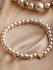4 件套复古心形和人造珍珠串珠弹性手链优雅情人节 - 白色 - 查看 4