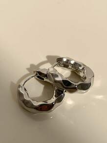 1 Pair Minimalist Metal Textured Small Hoop Earrings, Fashionable & Versatile High-End Design - Antique Silver - View 3
