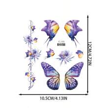1入組防水時尚款式微光蝴蝶臨時紋身貼紙,帶有蓮花設計,適用於派對、日常穿著等,可貼於臉部、手臂、手腕等部位。 - 紫色 - 查看 5