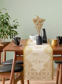 1pc Lamp Geometric Patterned Blessing Stars & Moon Printed Linen Table Runner, Suitable For Festival, Kitchen, Dining Room Table Decoration, Shoe Cabinet, Storage Cabinet, Four Seasons Table Runner - Multicolor - View 4