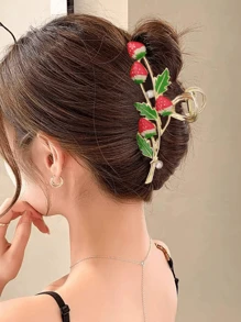 1pc Faux Pearl & Strawberry Decor Hair Claw - Champagne - View 1