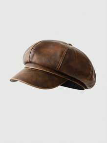 1pc Men's Pu Leather Vintage Octagonal Newsboy Cap With Distressed Design, Suitable For Daily Wear In Autumn And Winter - Coffee Brown - View 1