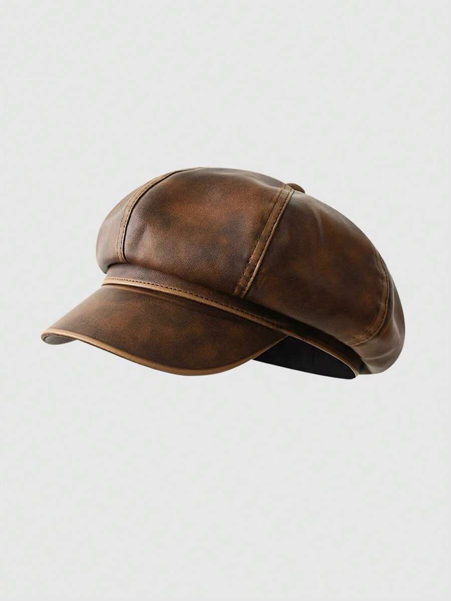1pc Men's Pu Leather Vintage Octagonal Newsboy Cap With Distressed Design, Suitable For Daily Wear In Autumn And Winter - Coffee Brown - View 1