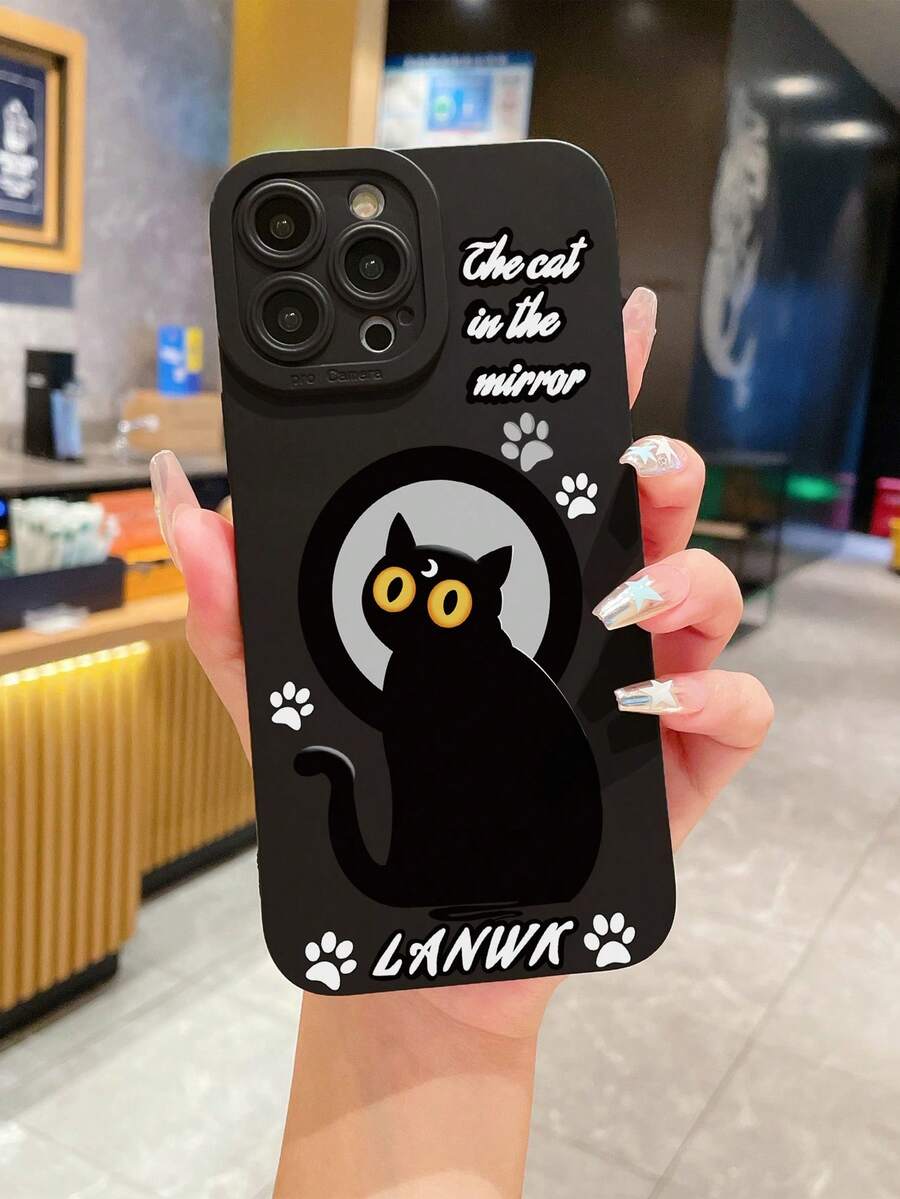 1pc Black Cat Patterned Phone Case Compatible With IPhone - Black - View 1