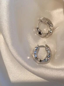 1 Pair Minimalist Metal Textured Small Hoop Earrings, Fashionable & Versatile High-End Design - Antique Silver - View 4