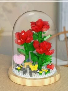 植物與花卉系列,附有防塵蓋底座微粒自行組裝迷你積木花卉裝飾玫瑰花束盆栽,適用於女性的情人節禮物 - 杏色 - 查看 1