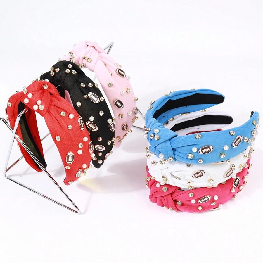 1入時尚運動風格足球裝飾頭箍,鑲有水晶鑽石和珍珠珠飾,結繩設計,適用於比賽日的髮飾和運動迷的禮物 - 黑色 - 查看 1