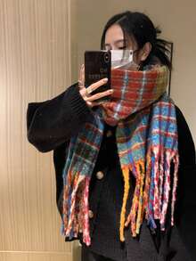 1條多色格子彩虹流蘇圍巾,仿羊絨材質,厚實柔軟保暖頸巾,男女適用,適合送禮和日常使用 - 彩色 - 查看 2