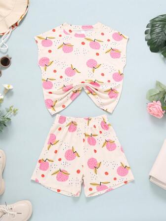 Girl's Summer Fashionable Fruit Print Loose Sleeveless Top And Shorts Set