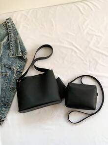 3pcs/Set Twist Lock Closure Pu Leather Solid Color Large Capacity Tote Bag, Shoulder Bag, Crossbody Bag, Wallet, Suitable For Women Daily Use And Gift Giving - Black - View 6