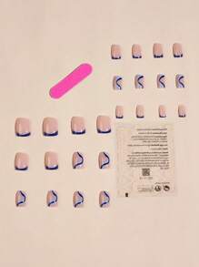 Eleve su estilo con 24 piezas de uñas falsas cuadradas cortas con rayas francesas azules y 1 hoja de cinta y 1 lima de uñas, suministros de uñas uñas falsas uña falsa uña acrílica