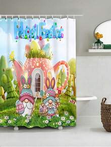 1pc Easter Rabbit Series Rose Petal Waterproof Polyester Shower Curtain For Bathroom With Hooks - Apricot - View 4