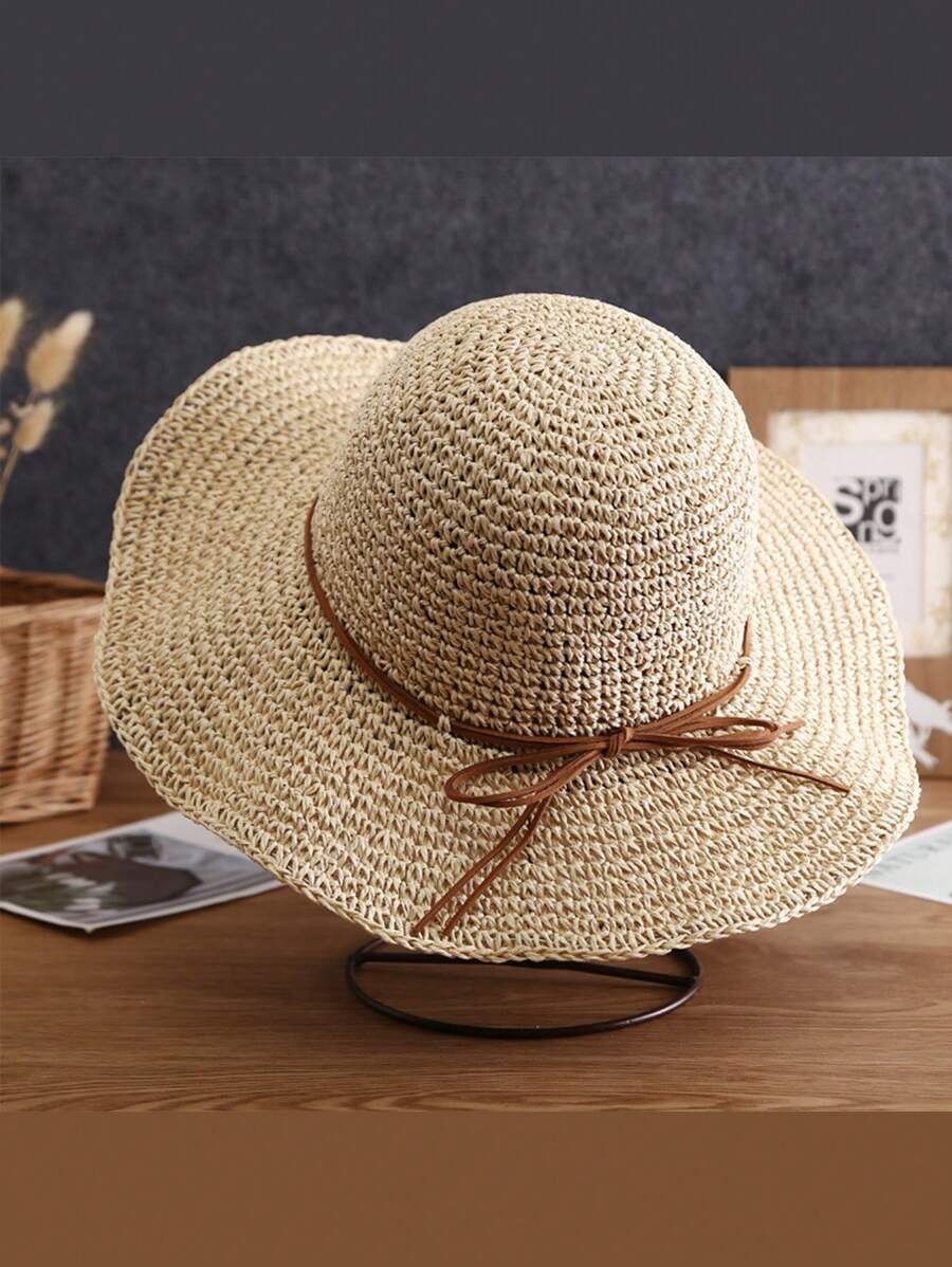 1頂女性寬邊草帽,可摺疊夏季海灘遮陽帽,實色和帶子裝飾,適用於海灘或釣魚等戶外活動波霍風格 - 米色 - 查看 1