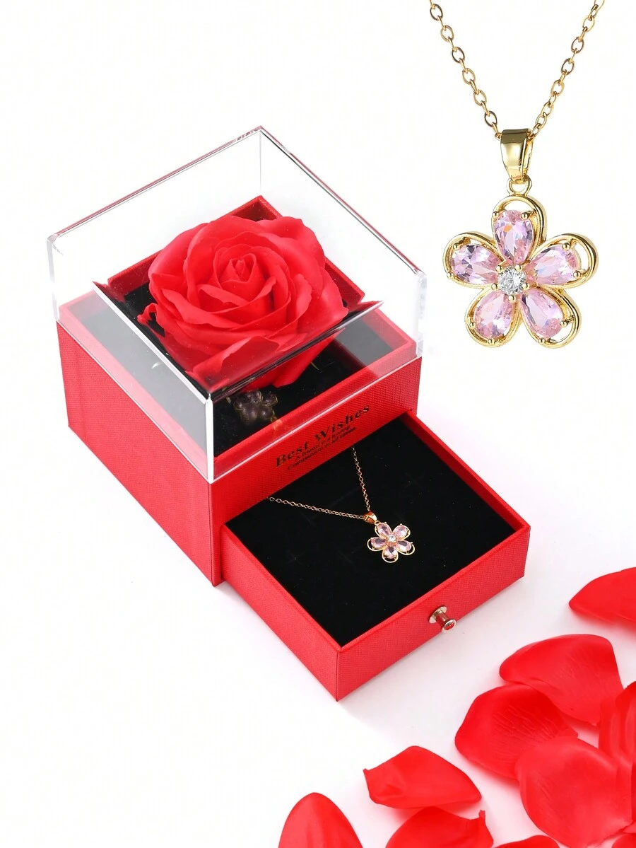 1入裝紅玫瑰禮盒包裝的銅合金項鍊,飾有立體氧化鋯石花墜,18k電鍍金,情人節情侶禮物 - 紅色 - 查看 1