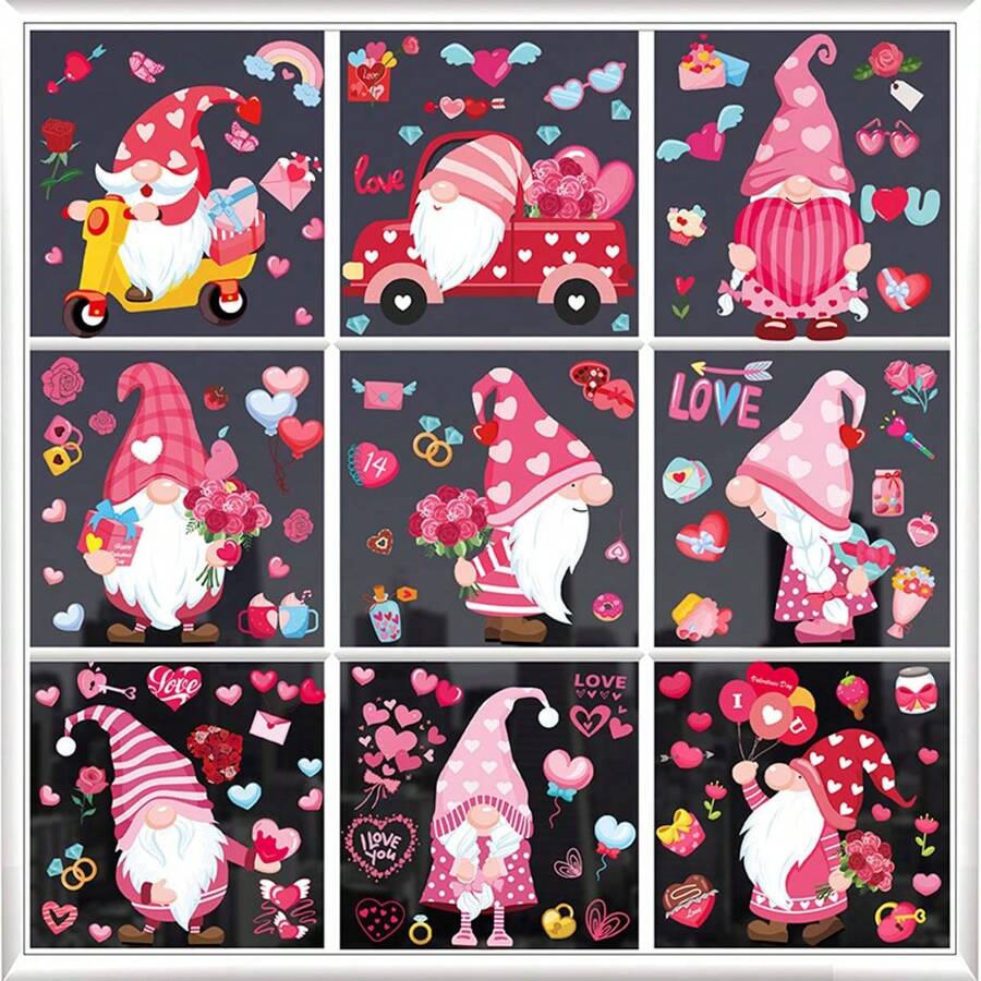 9入組情人節小矮人靜電貼紙,自粘貼,適用於窗戶、玻璃和冰箱裝飾