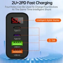 通用 2PD+2USB 4 端口快速充电 PD 壁式充电器可同时为 4 台设备充电，快速充电，多端口 USB-C 旅行适配器兼容三星 S10/S9/S8/Plus、iPhone Xs/Max/XR/11/12/13/14、主流型号，完全兼容。 - 黑色 - 查看 2