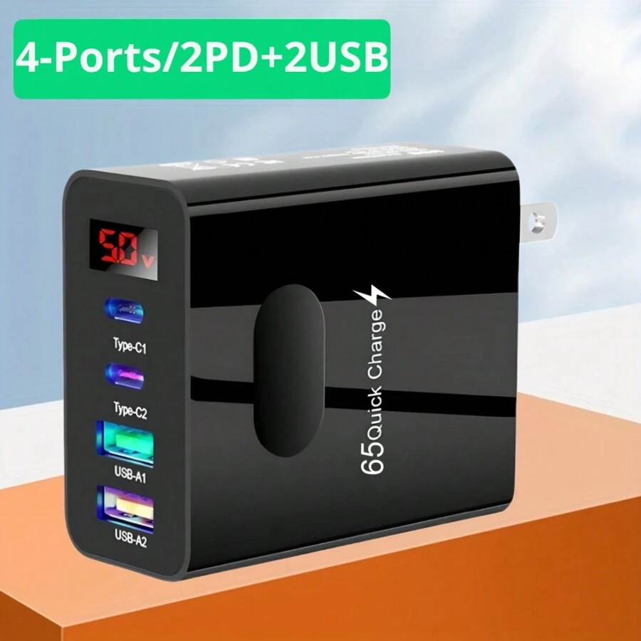 通用 2PD+2USB 4 端口快速充电 PD 壁式充电器可同时为 4 台设备充电，快速充电，多端口 USB-C 旅行适配器兼容三星 S10/S9/S8/Plus、iPhone Xs/Max/XR/11/12/13/14、主流型号，完全兼容。 - 黑色 - 查看 1
