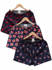 Men 3pcs Flamingo & Lip Print Boxer Brief