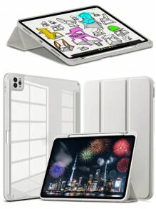 Ốp bảo vệ iPad bằng silicon trong suốt, thiết kế gập ba với khe cắm bút cảm ứng, mặt lưng trong suốt, chân đế siêu mỏng, chống sốc và rơi vỡ. - Màu Xám nhạt - Xem 3