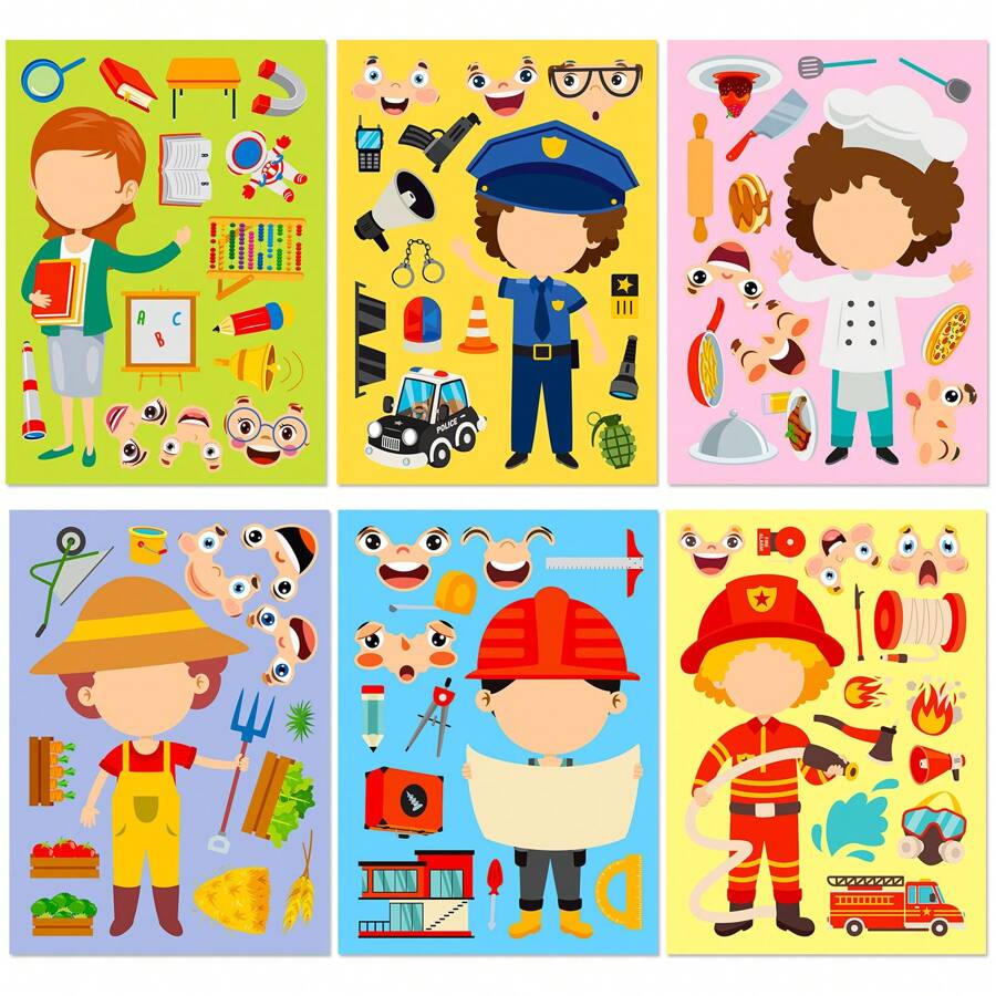6pcs/Pack Educational Diy Puzzles Stickers For Occupation & Facial Expression Changing, Early Learning Pp Stickers For Developing Intelligence, Suitable As Holiday Children Kids Puzzle Gifts Stationery,Party Favors For Boys,Wall Stickers Boys,Kid Stickers